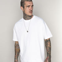 White male model with edgy style wearing a heavyweight cotton white Classic Fit Crew Neck T-shirt