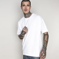 White male model with edgy style wearing a heavyweight cotton white Classic Fit Crew Neck T-shirt